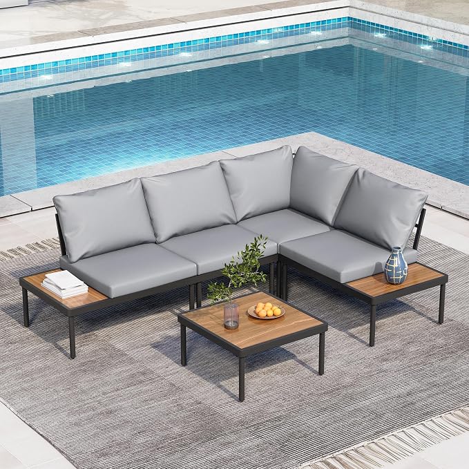 LAUSAINT HOME L-Shaped Outdoor Furniture Set, 5 Pieces PE Rattan Patio Conversation Set, Rustproof Steel Sectional Sofa with Thickened Cushions & Coffee Table for Patio, Garden, Poolside and Balcony