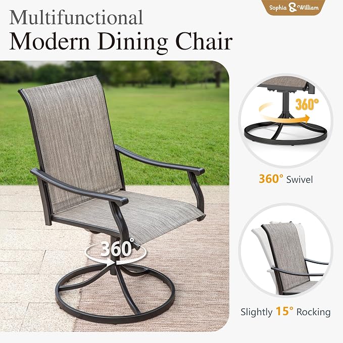 Sophia & William 7 Pieces Patio Dining Set, 4 x Patio Dining Chairs and 2 x Swivel Dining Chairs, 64" Wood Like Top Table, Patio Furniture for Lawn, Park