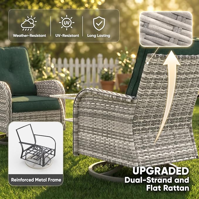 9-Piece Small Patio Furniture Set, Outdoor Swivel Rocking Chairs Set with 55,000 BTU Fire Pit Table Wicker Chairs and Ottomans, Patio Bistro Set for Balcony, Deck, Porch,Dark Green