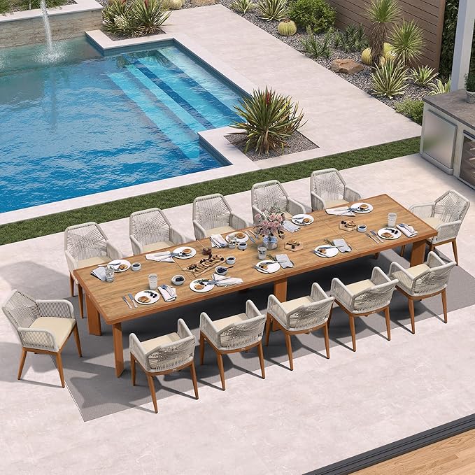 PURPLE LEAF 13 Pieces Patio Dining Set Aluminum Modern Rectangular Table and Rattan Arm Chairs with Cushions for Kitchen Porch Garden Outdoor Furniture Sets