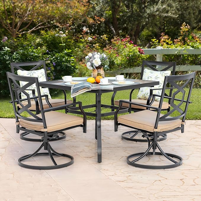 NUU GARDEN 5 Piece Outdoor Patio Dining Set, 4 Swivel Rocker Chairs with Padded Cushions, 37" x 37" Square Iron Dining Table with 1.57" Umbrella Hole, Black and Beige Cushion