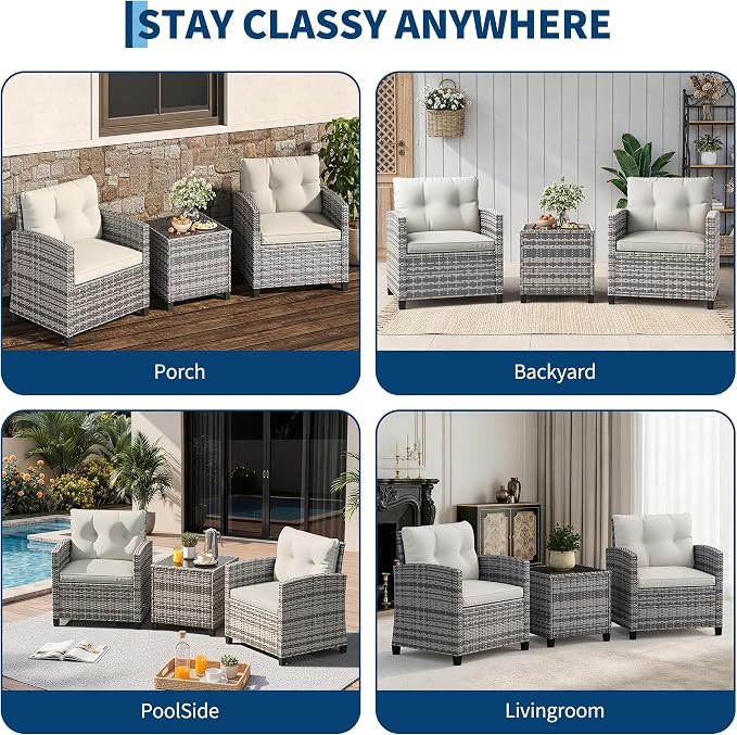 Garvee 3 Piece PE Rattan Patio Furniture Set, Outdoor Chairs and Table Set with Tempered Glass Tabletop and Cushions, Patio Conversation Set for Patio, Balcony, Poolside, Grey and Beige
