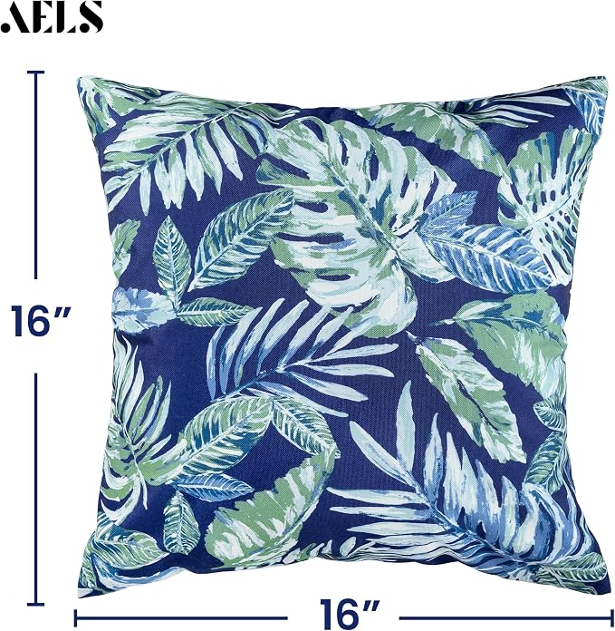 Outdoor Pillow Covers 16x16 Inch, Waterproof Decorative Pillow Covers Pack of 2, Water-Resistant Pillow Case for Patio Furniture Tent Garden, Blue Green Tropical Leaves, Cover ONLY