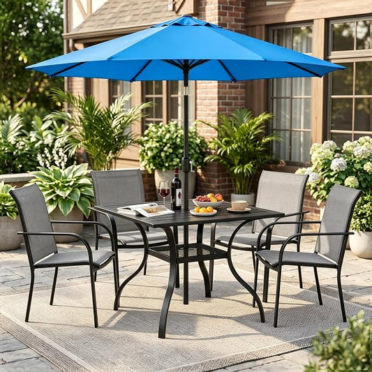 Crownland 5 Piece Patio Dining Set, Textilene Dining Sets, 4 Textilene Metal Chairs and Square Outdoor Dining Table with Sky Blue 9FT Round Outdoor Umbrella (Grey)