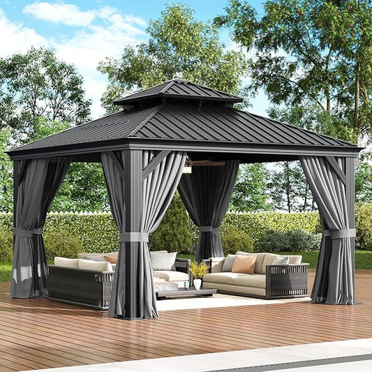 Aoxun Hardtop Gazebo 12x12 with Gutter, Upgraded Wider Aluminum Outdoor Gazebo with Galvanized Steel Double Roof, Patio Permanent Metal Pavilion with Netting and Privacy Curtain