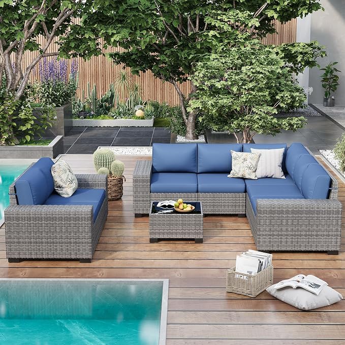 Outdoor Patio Furniture Set, 8‘’ Wide armrest Outdoor Sectional Rattan Sofa Set, Wicker Patio Furniture Sets w/Coffee Table,Thick Cushions for and Cover for Porch,Deck,8 PCS (Grey&Navy)