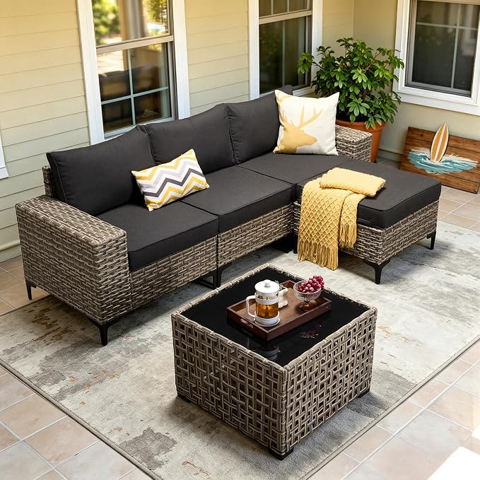 5-Piece Wicker Outdoor Sectional Furniture, Wide Armrest L-Shaped Patio Couch Set with Ottoman Thick Cushion, Modular Conversation Sets with Solar Table for Backyard Porch Balcony, Black