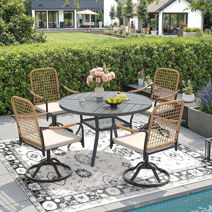 DIFY 5 Pieces Outdoor Dining Set, Metal Patio Table and Chairs Set for 4, 40.6" Round Dining Table with Umbrella Hole & Wicker Swivel Patio Chairs with Cushions, Grey Tabletop