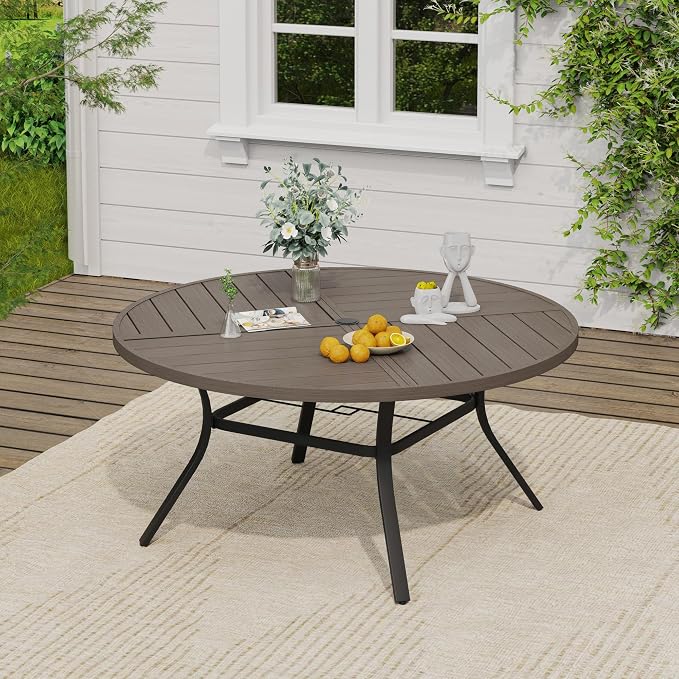 VICLLAX Patio Dining Set, 53.1" Grey Table & 6 Chairs with Grey Cushion | Outdoor Table and Chairs Set of Round Metal Patio Table, Outdoor Dining Chairs with Metal Frame, Garden Deck Porch
