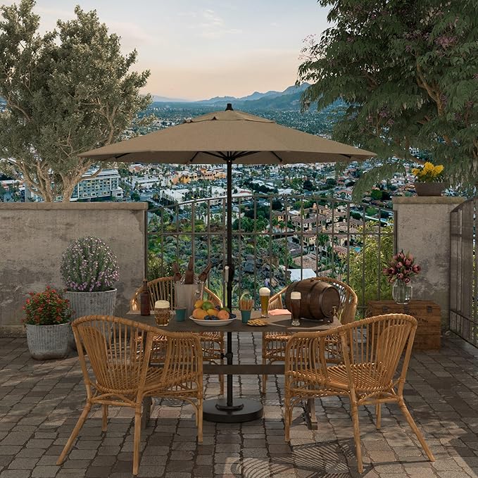 California Umbrella 7.5' Rd Aluminum Patio Umbrella, Crank Lift, Auto Tilt, Black Finish, Woven Granite