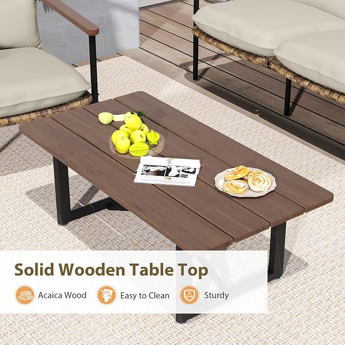 HAPPATIO 4-Piece Outdoor Furniture Set, Aluminum Patio Converation Set with Wicker Seat and Acacia Wood Armrest, 3-Seat Sofa Set with Olefin Cushion and Wood Table for Garden Lawn Backyard