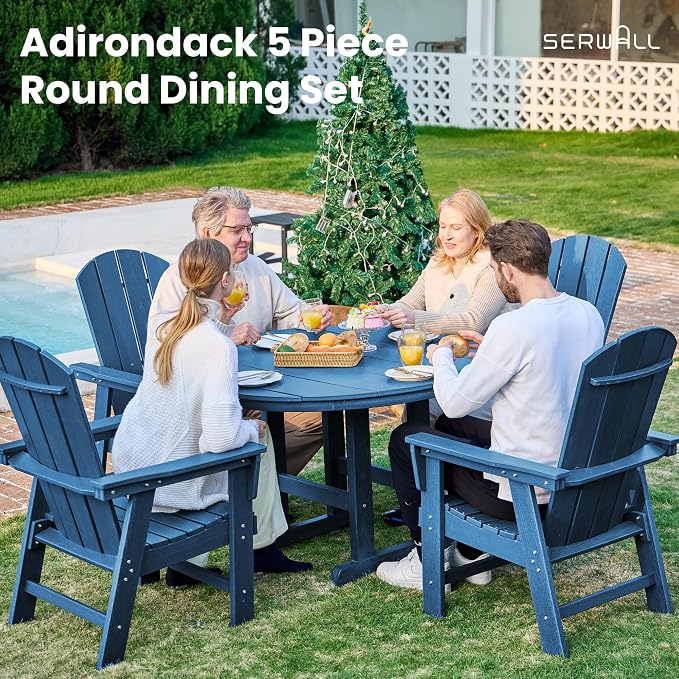 SERWALL 6-Piece Patio Dining Sets with Umbrella, HDPE Outdoor Table and Chairs Furniture Set, 45" Round Dining Table & 4 Adirondack Dining Chairs & 1 9FT Umbrella, Navy(Not Include Umbrella Base)