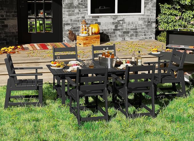 GREENVINES 7-Piece-Outdoor-Table-and-Chairs | HDPE | Patio Furniture | Dining Sets for 6 | Removable Armrests | All Weather | Connectable Tables | for Backyard Poolside Garden | Black