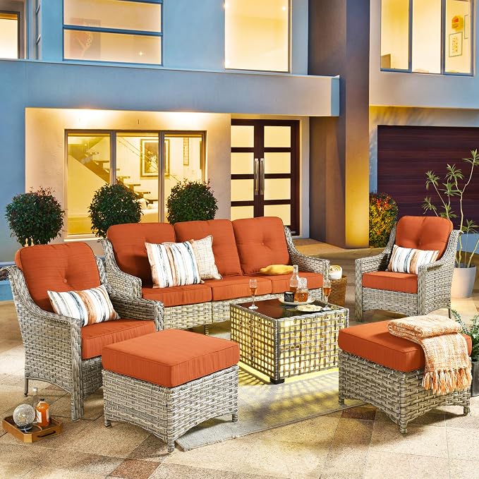 HOOOWOOO 6 Piece Patio Furniture Conversation Sets with Sola Light Table,Outdoor Wicker Furniture with Ottoman, All Weather Resistant Outside High Back Rattan Patio Set(Orange Red)