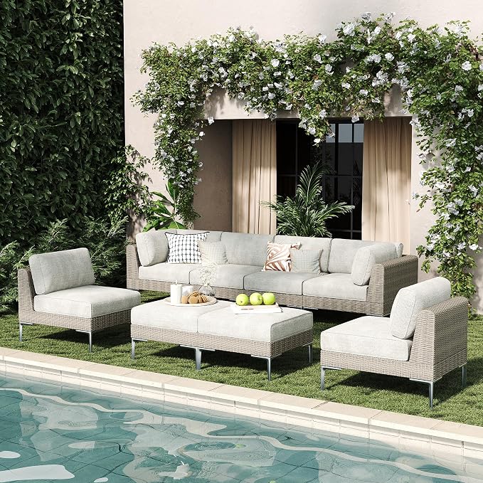 LayinSun 8-Piece Wicker Rattan Patio Furniture Set, Deep Seating Outdoor Modular Sectional Sofa Conversation Set with Thick Cushions for Lawn, Garden