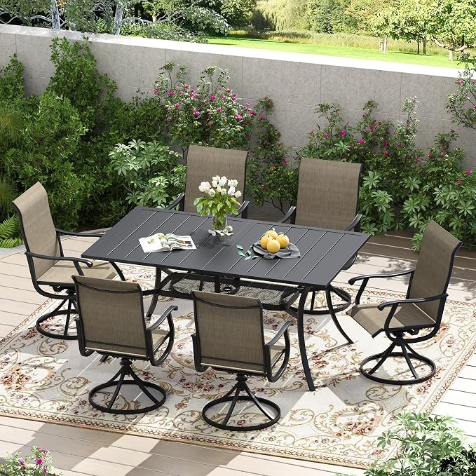 7 Pieces Patio Furniture Dining Set, 6 Textilene Swivel Dining Chairs, 59" Outdoor Rectangular Metal Table with 1.57" Umbrella Hole, Outdoor Dining Set for Porch, Lawn, Garden, Black/Brown