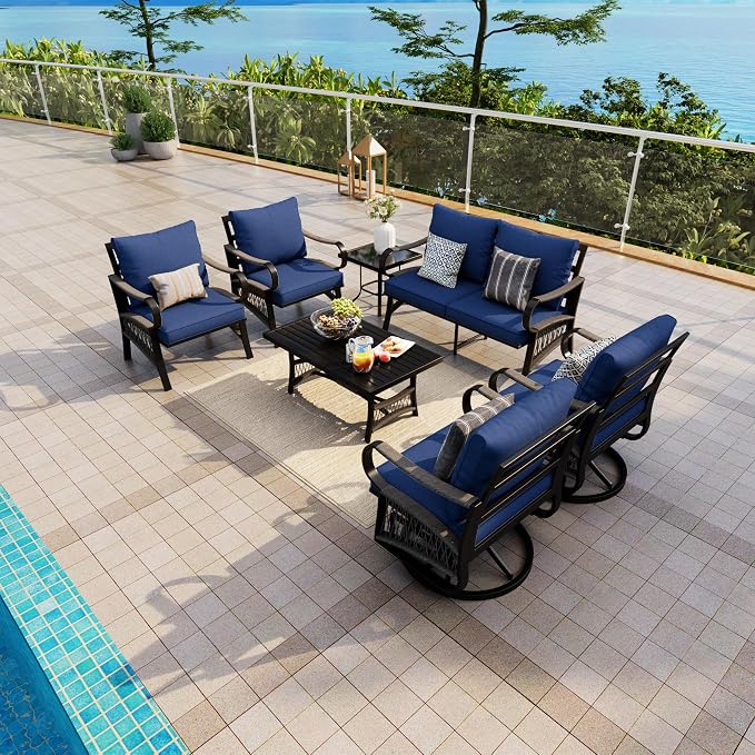 7 Pieces Patio Conversation Sets, All-Weather Metal Swivel Rocking Chairs with Rope Furniture Set, Outdoor Sofa Couch for Deck, Porch, Garden, Backyard, Poolside (Blue Cushions)