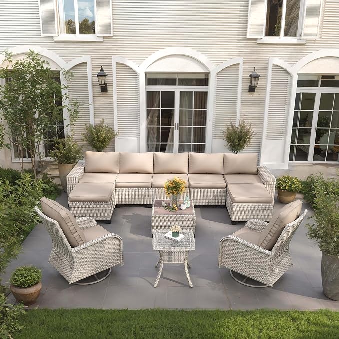 11-Piece Outdoor Patio Furniture Set with Rocking Swivel Chair Wicker Sectional Sofa Set, Patio Conversation Set with Ottomans & Coffee Table for Garden, Backyard, Poolside, Beige