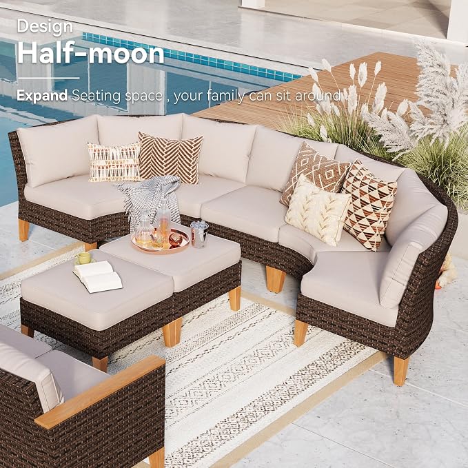 GREEN PARTY 9 Pieces Wicker Patio Furniture Set with 56" Fire Pit Table, All-Weather Outdoor Rattan Patio Half-Moon Curved Sectional Sofa Conversation Set for Garden, Backyard, 2 x Swivel Chairs