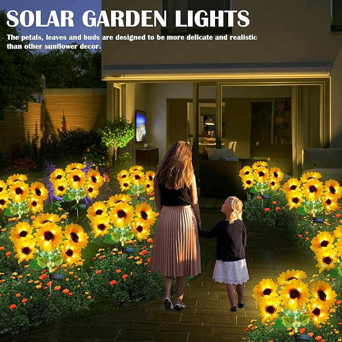 Solar Garden Lights - Solar Sunflower Outdoor Decorative Stake Lights Waterproof, Updated 60 LED Solar Flower Lights for Garden,Yard,Lawn,Pathway,Patio,Backyard Decor,Gifts for Mom(2 Pack)