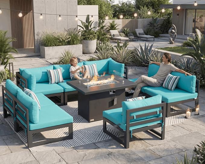 BULEXYARD 9 Piece Large Modern Aluminum Outdoor Patio Furniture Set with Fire Pit Table Propane/Gas, 29 inch Wide Deep Seat, Anti-Rust Comfy Sectional Sofa, 500 lbs Sturdy Conversation Set, Turquoise