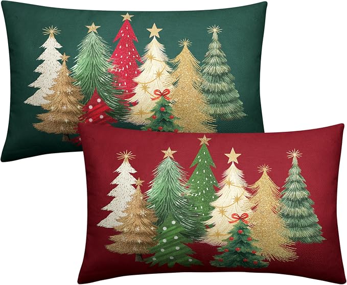 Green and Red Christmas Lumbar Pillow Covers Set of 2 Colorful Xmas Tree Throw Pillow Covers 12x20 Winter Rectangular Pillow Case Holiday Cushion Case for Couch Sofa Decor