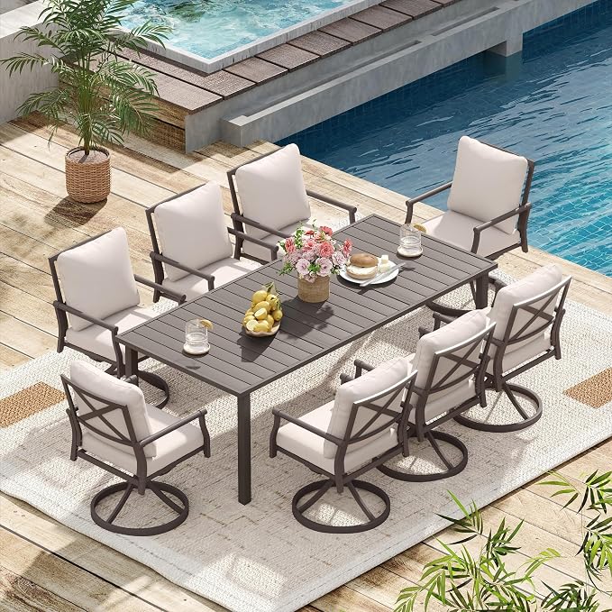 HAPPATIO Patio Dining Set, Metal Outdoor Table and Chairs Set for 8, Powder-Coated Swivel Rocking Chairs with Thick Cushions, 80" Rectangular Table with 1.9" Umbrella Hole for Deck Backyard Lawn