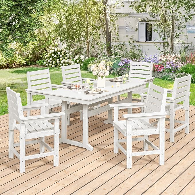 5 Piece Outdoor Dining Set, HDPS Patio Table and Chairs Set, 66" Patio Table with 1.96" Umbrella Hole & 4 Chairs, All Weather Furniture for Garden, Backyard, Poolside (White)