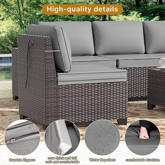 Gotland 7 Pieces Patio Furniture Set with 55000BTU Fire Pit Table, Wicker Patio Set with Wide Armrests 29.5'' High Backrest Thick Cushions 1 Coffee Table, Outdoor Furniture for Porch Deck Gray