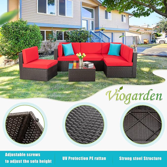 Vongrasig 6 Piece Small Patio Furniture Sets, Outdoor Sectional Sofa All Weather PE Wicker Patio Sofa Couch Garden Backyard Conversation Set with Glass Table,Red Cushions and Blue Pillows (Red)