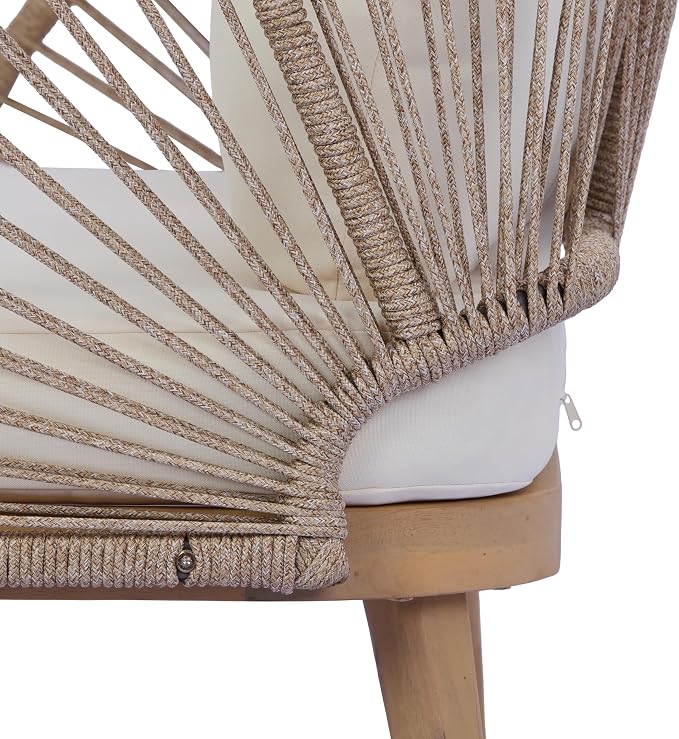 Christopher Knight Home Blanca 2 Pieces Conversation Set, Boho Patio Loveseat Sofa and Coffee Table, Acacia Wood Outdoor Loveseat and Table Set, Rope Woven Curved Loveseat with Cushions, Teak+Beige
