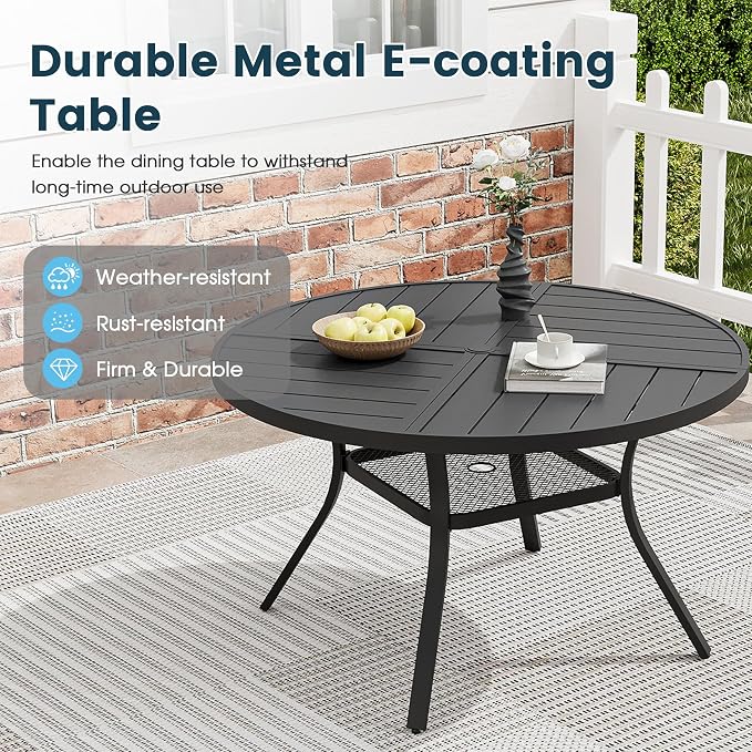 5 Pieces Patio Furniture Dining Set, 4 Textilene Swivel Dining Chairs, 41" Outdoor Round Metal Table with Storage Shelf and 1.57" Umbrella Hole, Outdoor Dining Set for Porch, Lawn, Black/Blue