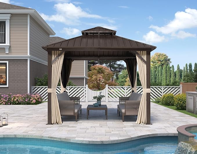 PURPLE LEAF 10’ X 10’ Outdoor Hardtop Gazebo Metal Frame Galvanized Steel Double Roof with Curtains and Nettings for Patio Desk Backyard Bronze