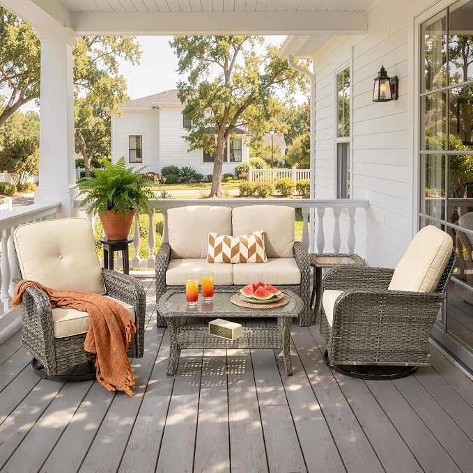 5-Piece Patio Furniture Set, Outdoor Wicker Furniture with Coffee Table, High Back Swivel Rocker Patio Chairs, Modern Rattan Outdoor Chairs Conversation Set for Porch, Balcony, Garden, Beige