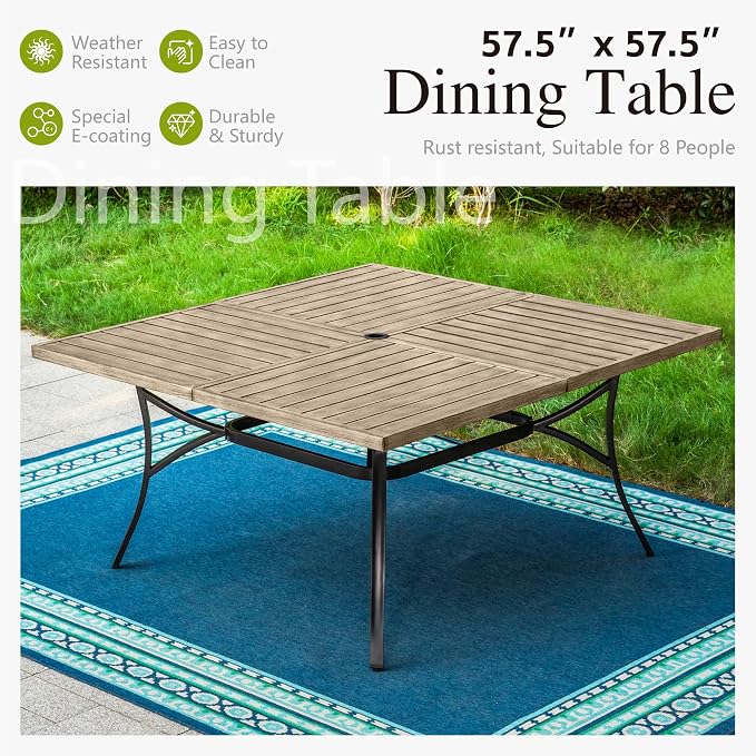 Sophia & William Patio Table and Chairs Set, Outdoor Dining Set for 8, 9 Piece Metal Patio Furniture, 57.5" Square Table with Wood-Like Tabletop(Stripe)