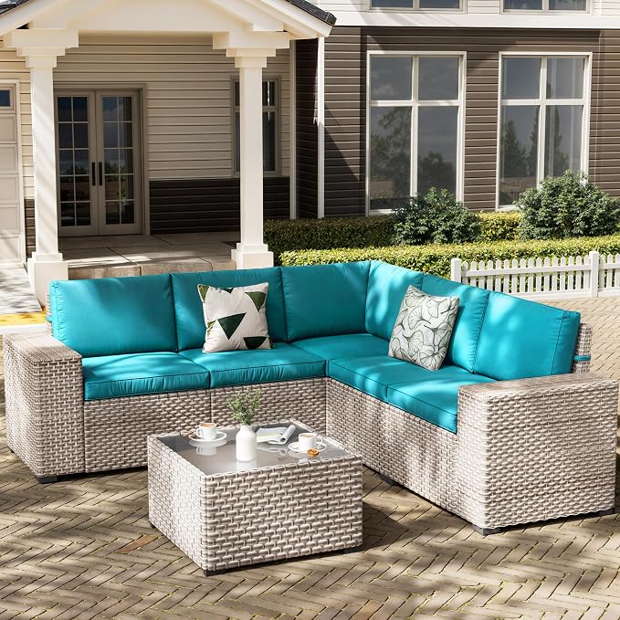 6 Pieces Patio Furniture Set, Outdoor Sectional Wicker Sofa with Thickened Cushions and Coffee Table, High Back Rattan Patio Conversation Sets for Garden Backyard, Cyan