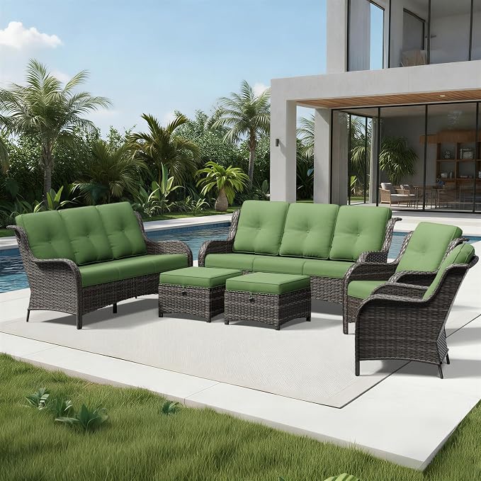 Joyside 6 Piece Wicker Patio Furniture Set, Rattan Patio Chairs with High Back, Deep Seating, Wide Armrest, Thickened Cushions, Outdoor Furniture for Deck, Porch Use
