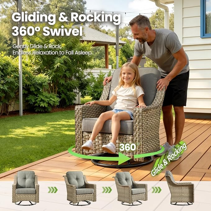 6 Piece Patio Furniture Set with Swivel Rocker Chairs, Outdoor Wicker High Back Sofa Glider Chair Ottoman with Cushion, All Weather Conversation Sets for Backyard Poolside Deck Dark Gray