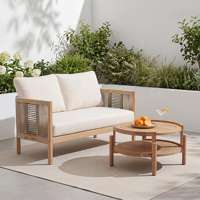 Christopher Knight Home Outdoor Acacia Wood Loveseat with Coffee Table, Acacia Wood Patio Furniture, Outdoor Conversation Sofa Set, Patio Sectional Chat Set for Backyard Balcony, Teak+ Beige