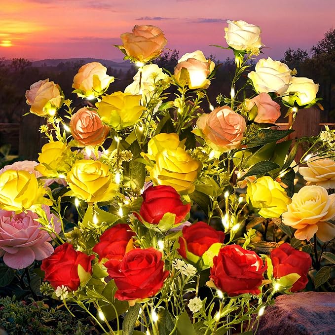 GIGALUMI Solar Lights Outdoor for Garden Decor, 4 Pack Solar Flower Lights Waterproof, 2 Lighting Modes 28 Roses for Pathway,Yard, Patio Decoration, Gardening Gifts for Women (Multi-Colored)