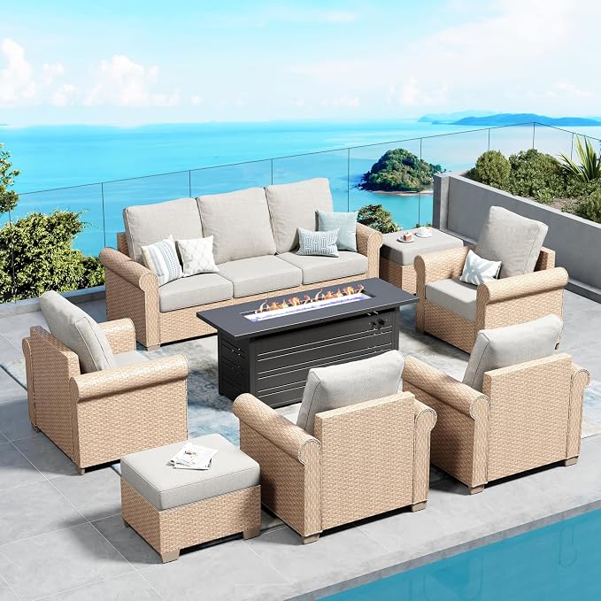 Patio Furniture Set 8 pcs, Wicker Rattan Outdoor Furniture with 5.5" Thick Waterproof Cushions, and 56" Fire Pit Table, All Weather Outdoor Conversation Set for Backyard Deck, 9 Seats Beige