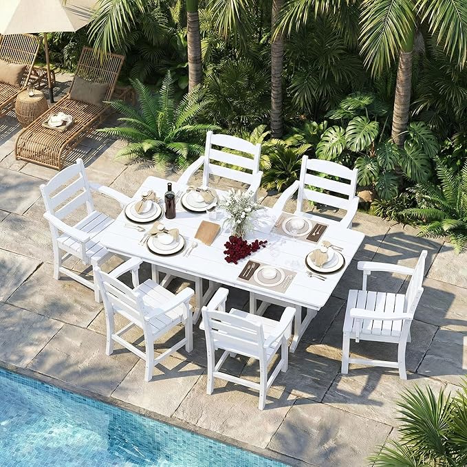 HOPUBUY 7 Pieces Patio Dining Set for 6, 71" HDPE All-Weather Patio Table and Chairs Set with Umbrella Hole, Durable Outdoor Furniture Set for Garden, Backyard, Lawn & Poolside (White)
