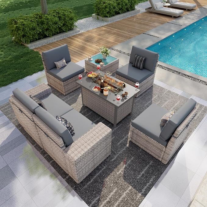 7-Piece Outdoor Patio Furniture Set, Rattan Wicker Conversation Set with Wide Armrests, Outdoor Modular Sectional Couch Seating Group Sofa with Fire Pit for Deck Garden Porch (Gray Cushions)