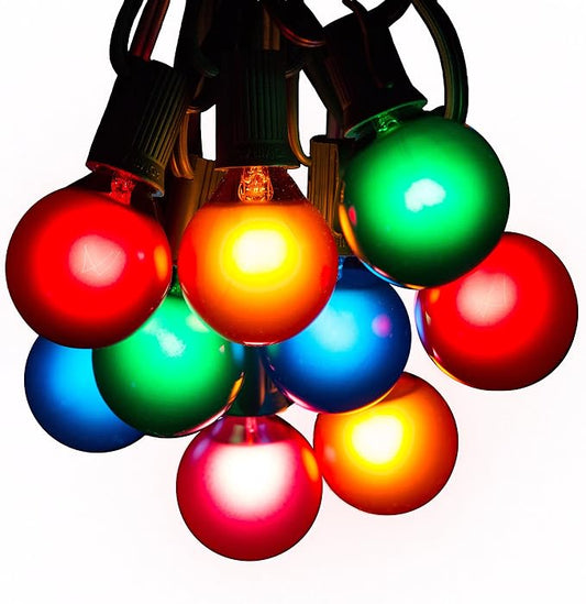 G40 Assorted Satin Pearl Colored String Lights (50 Foot – Black Wire) | G40 Assorted 1.6" Bulbs, Outdoor Globe Patio String Lights
