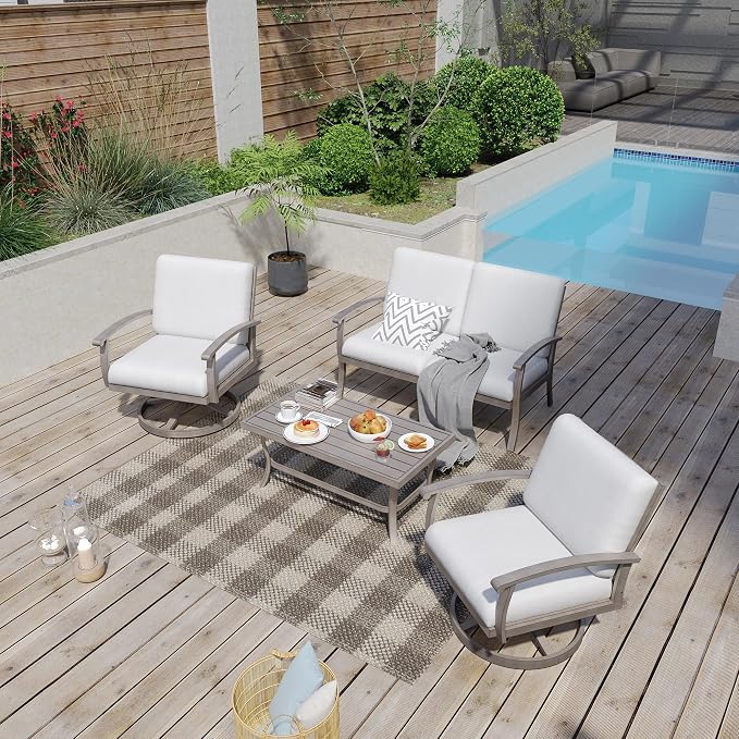 HAPPATIO 4 Piece Aluminum Patio Furniture Set, 4-Person Outdoor Swivel Chairs and Loveseat, All-Weather Outdoor Sectional Sofa with Comfortable Cushions and Coffee Table(Gray)