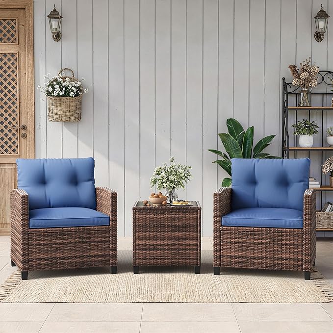GarveeTech 3-Piece Outdoor Patio Furniture Set, PE Rattan Wicker Chairs with Tempered Glass Side Table & Washable Cushions, All-Weather Conversation Set for Porch, Deck, Balcony or Garden (Brown/Blue)