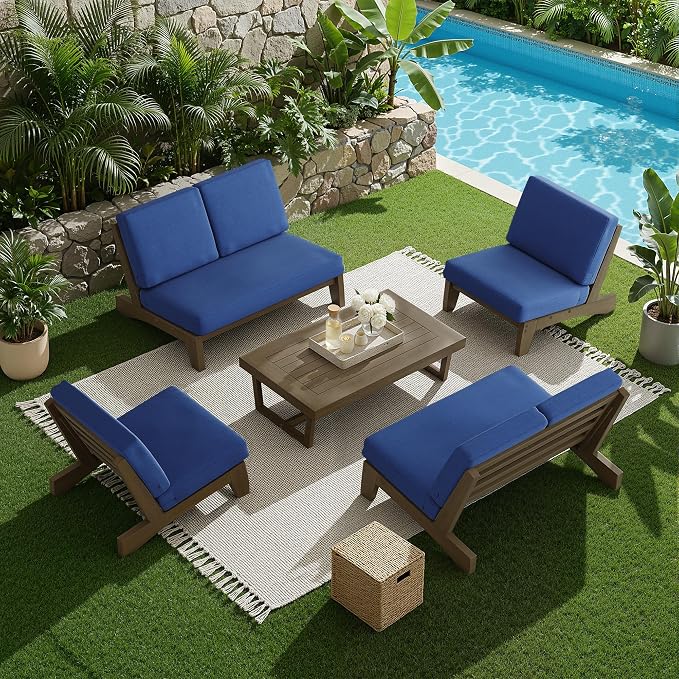 7 Pieces All Weather Wood Patio Furniture Sets, 2 Patio Loveseat, 4 Patio Bistro Chair, Outdoor Sectional Sofa Furniture Backyard Conversation Set with Coffee Table - Navy