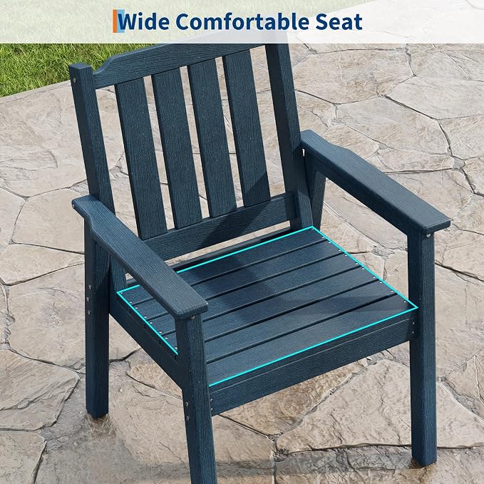 Takywep 23.9” Wide HDPE Patio Dining Chairs Set of 4, 650LBS Capacity All-Weather Yard Armchair with Slatted Seat, Heavy Duty Modern Backyard Furniture for Garden, Poolside, Deck, Blue