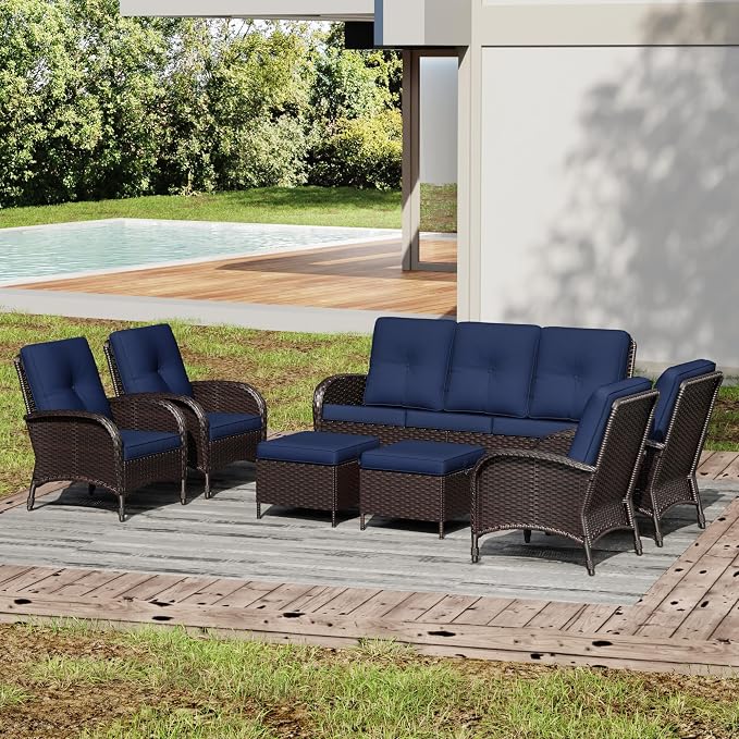 Joyside Wicker Patio Furniture Set, 7 Piece Outdoor Furniture Set with Thickened Cushions, High Back, Deep Seating, Wide Armrest, Rattan Outdoor Chairs for Porch, Deck