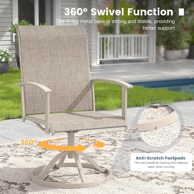 DIFY 9 Pieces Outdoor Dining Set, Metal Patio Table and Chairs Set for 8 with Umbrella Hole, 59.8" Round Outdoor Table and Textilene Swivel Patio Chairs for Garden, Backyard, Poolside, Sandshell